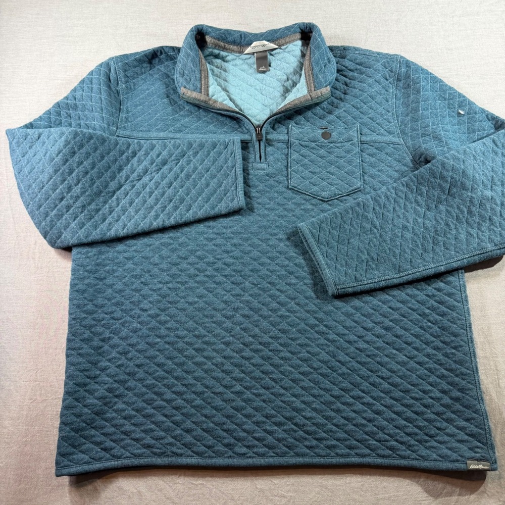 Eddie Bauer Quilted Quarter Zip Pullover Mens L Blue Excellent Diamond Pattern - Picture 2 of 10
